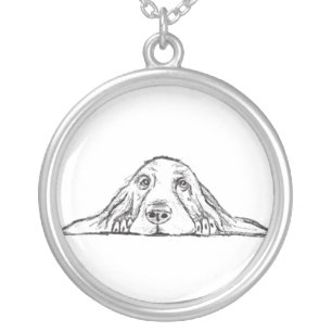basset hound black white simple puppy dog eyes silver plated necklace