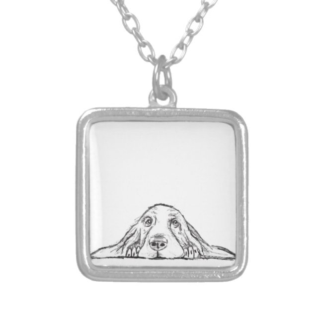 basset hound black white simple puppy dog eyes  silver plated necklace (Front)