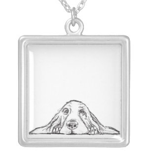basset hound black white simple puppy dog eyes silver plated necklace