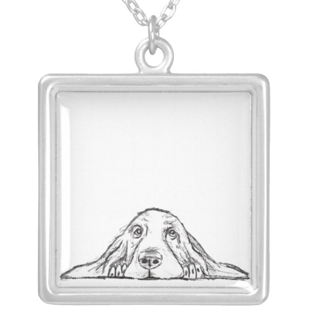 basset hound black white simple puppy dog eyes  silver plated necklace (Front)