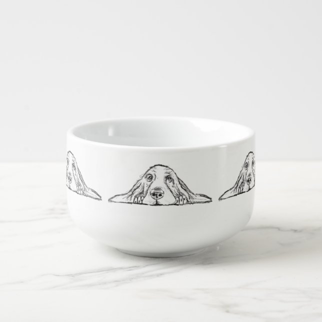 basset hound black white simple puppy dog eyes  soup mug (Front)
