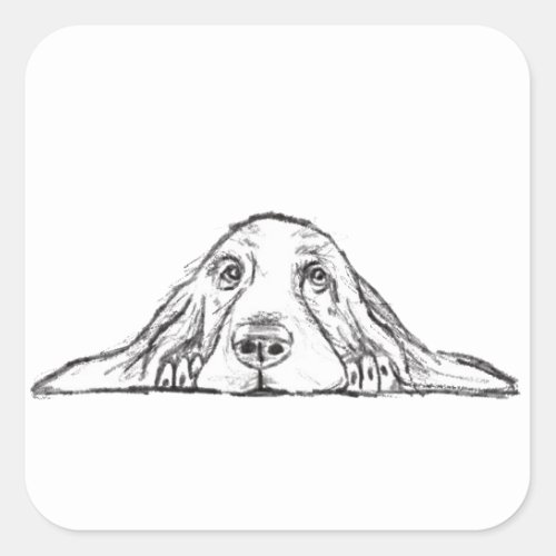 basset hound black white simple puppy dog eyes  square sticker