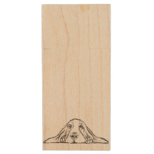 basset hound black white simple puppy dog eyes wood flash drive