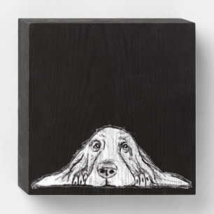 basset hound black white simple puppy dog eyes wooden box sign