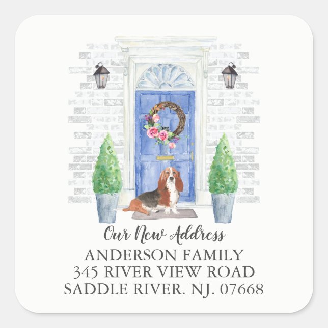 Basset Hound Blue Door New Address Label Sticker (Front)