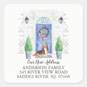 Basset Hound Blue Door New Address Label Sticker