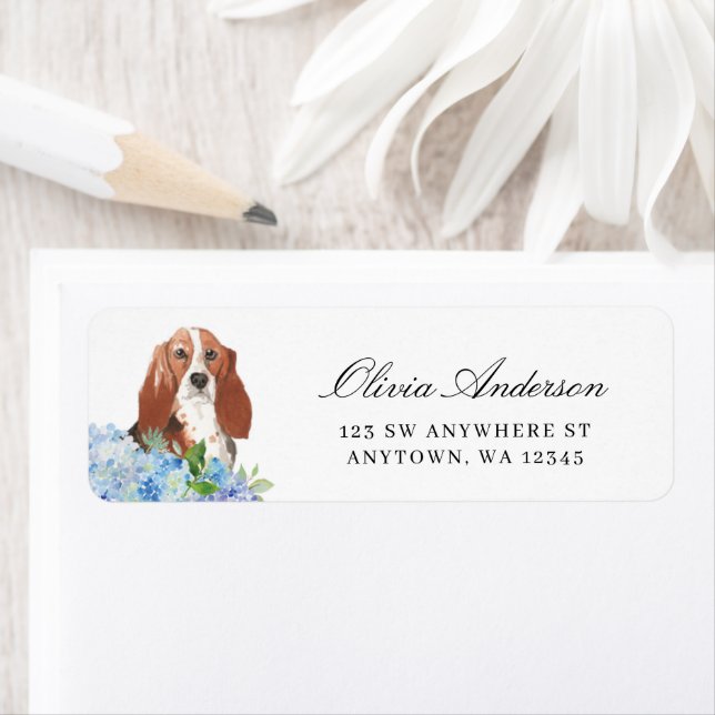 Basset Hound Blue Hydrangea Return Address Label (Insitu)