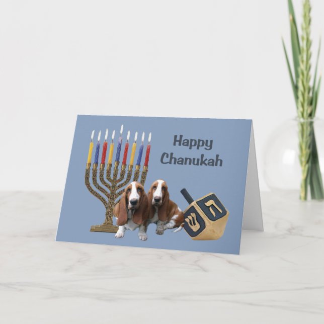 Basset Hound Chanukah Card Menorah Dreidel (Front)