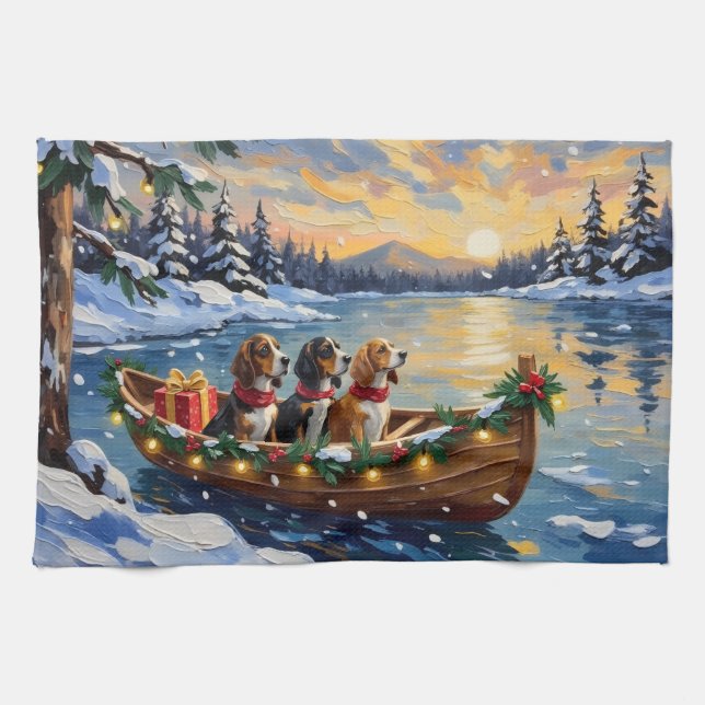 Basset Hound Christmas Boat Holiday Kitchen Towel (Horizontal)