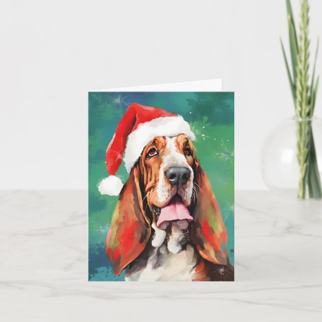 Basset Hound Christmas brush painting artwork Card (Front)