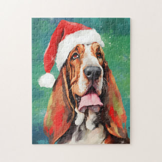 Basset Hound Christmas brush painting artwork Jigsaw Puzzle