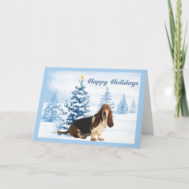 Basset Hound Christmas Card Blue Tree (Front)