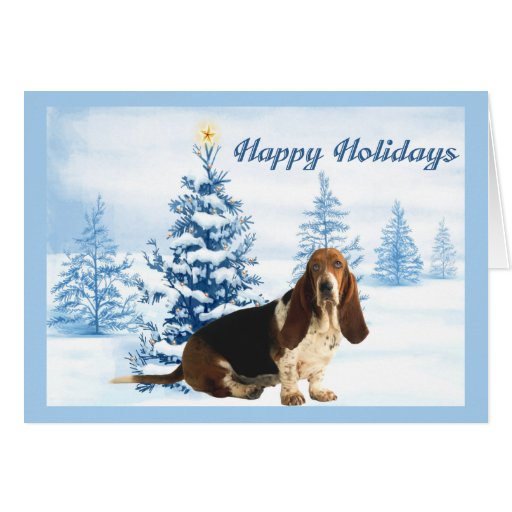 Basset Hound Christmas Card Blue Tree | Zazzle