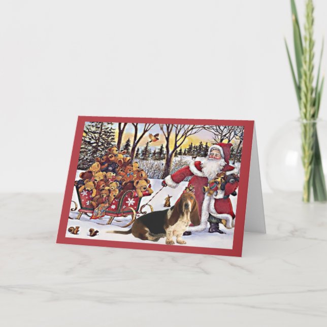 Basset Hound Christmas Card Santa Bears In Sleigh (Front)