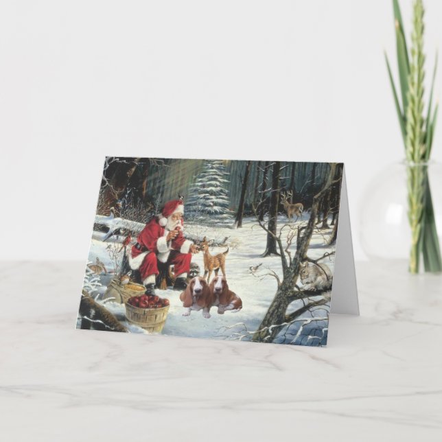 Basset Hound Christmas Card Santa Woods (Front)