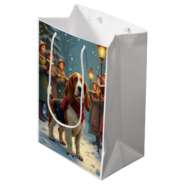 Basset Hound Christmas Carol Singers Painting Medium Gift Bag (Front Angled)