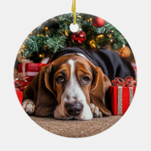 Basset Hound Christmas Ceramic Ornament