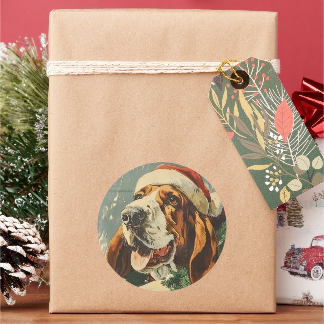 Basset Hound Christmas  Classic Round Sticker (Holiday)