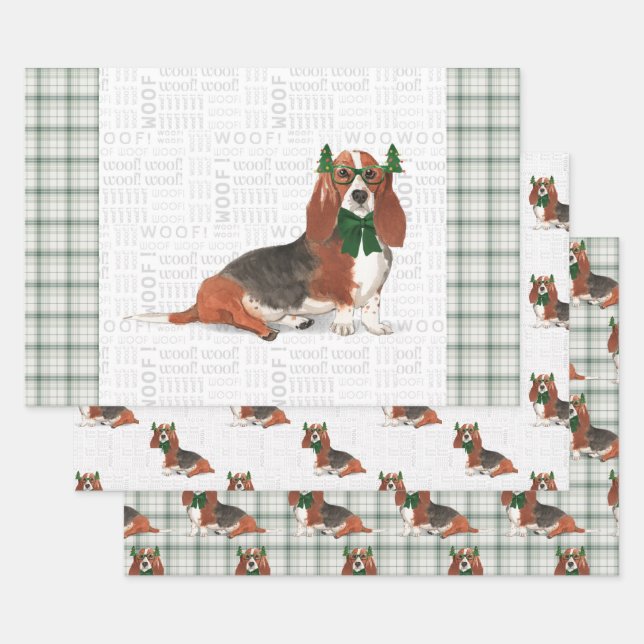 Basset Hound Christmas Dog and Green Holiday Plaid Wrapping Paper Sheets (Set)