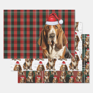 Basset Hound Christmas Dog Red Green Holiday Plaid Wrapping Paper Sheets