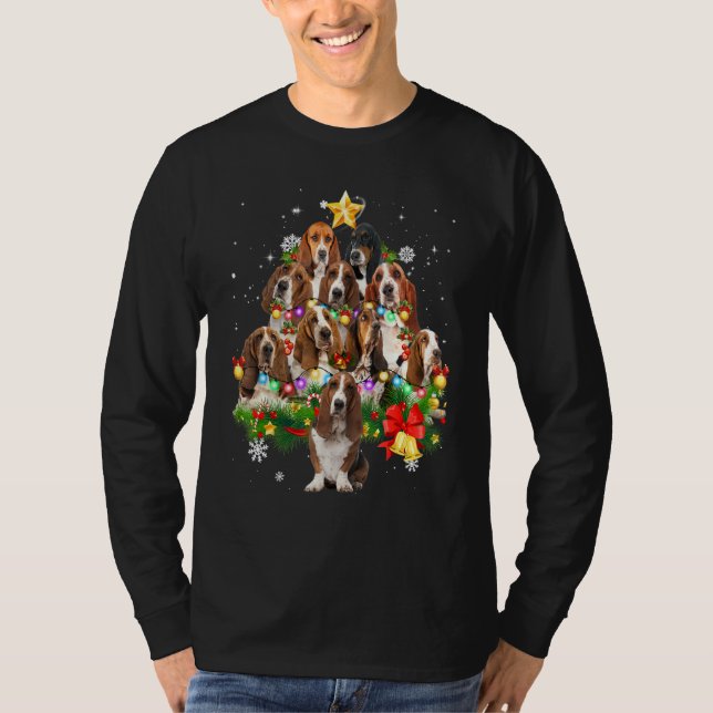 Basset Hound Christmas Dog Tree Lights Pajamas Fam T-Shirt (Front)