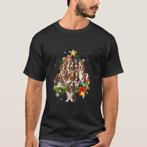 Basset Hound Christmas Dog Tree Lights Pajamas Fam T_Shirt