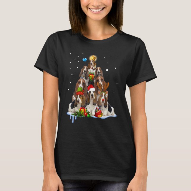 Basset Hound Christmas Dog Tree Lights Pajamas Fam T-Shirt (Front)