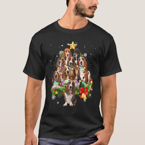 Basset Hound Christmas Dog Tree Lights Pajamas Fam T_Shirt