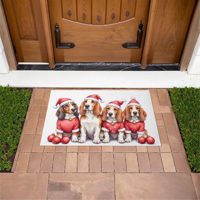 Basset Hound Christmas Dress Santa Hat Doormat (Outdoor)