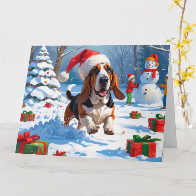Basset Hound Christmas Festive Snow Scene Card (Yellow Flower)