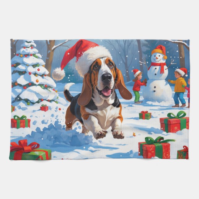 Basset Hound Christmas Festive Snow Scene Kitchen Towel (Horizontal)