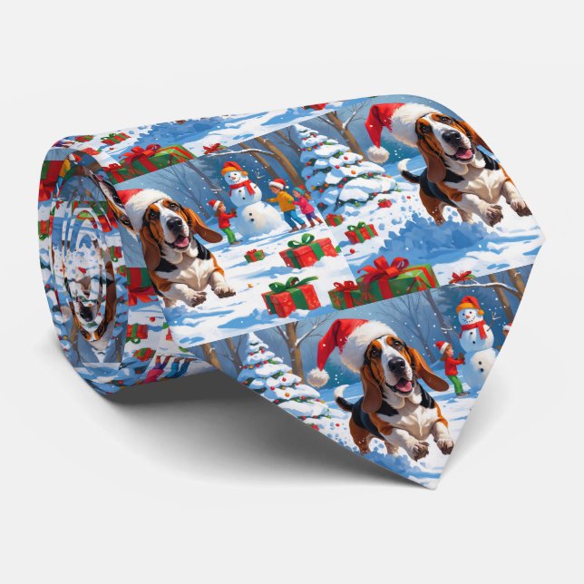 Basset Hound Christmas Festive Snow Scene Neck Tie (Rolled)