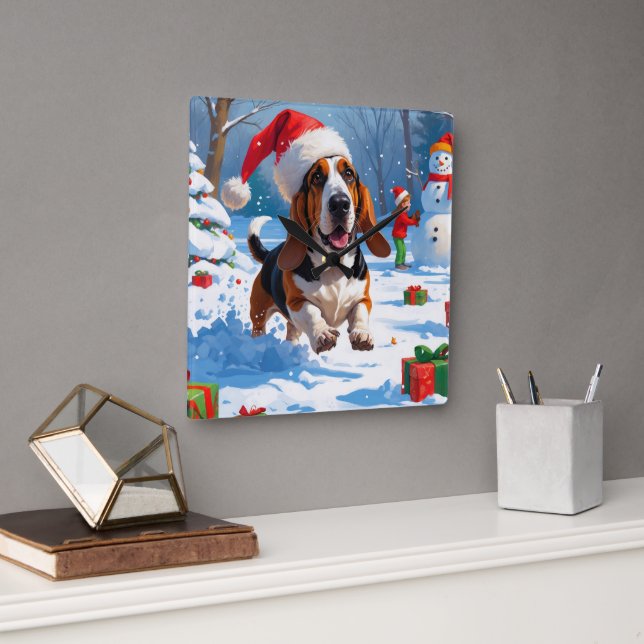 Basset Hound Christmas Festive Snow Scene Square Wall Clock (Office)