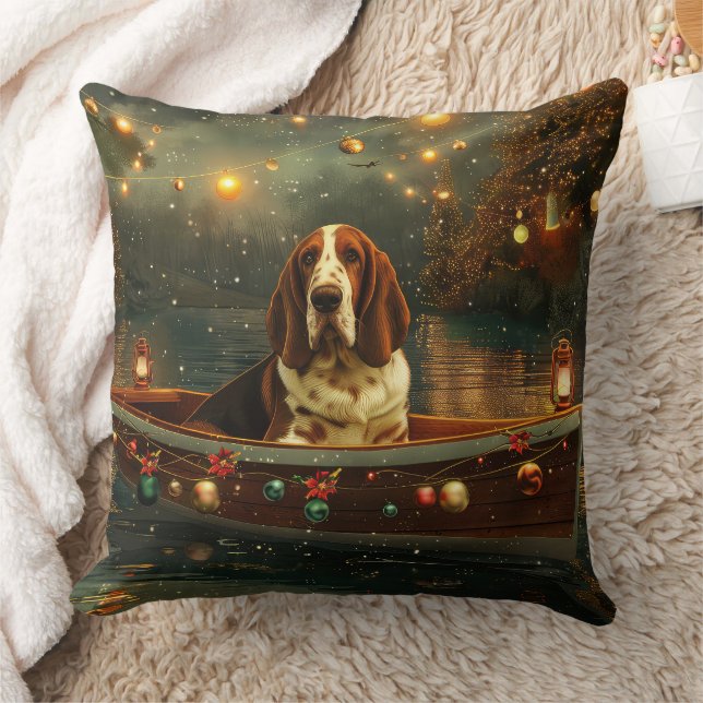 Basset Hound Christmas Festive Voyage Throw Pillow (Blanket)