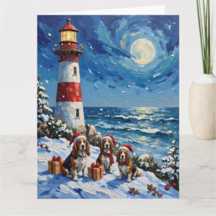 Basset Hound Christmas Lighthouse Holiday Card