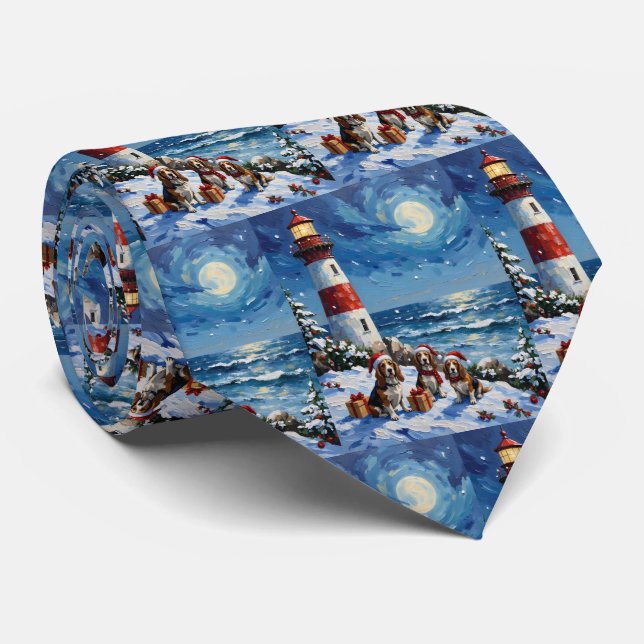 Basset Hound Christmas Lighthouse Holiday Neck Tie (Rolled)