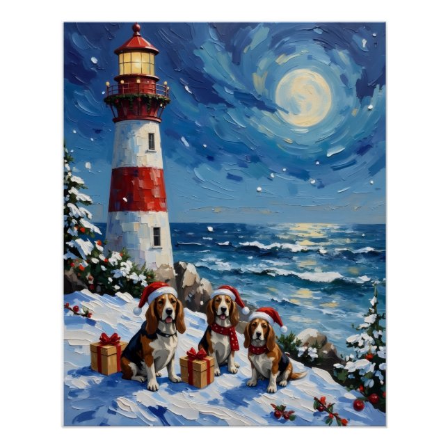 Basset Hound Christmas Lighthouse Holiday Poster (Front)