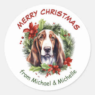 Basset Hound Christmas Poinsettia Wreath Classic Round Sticker