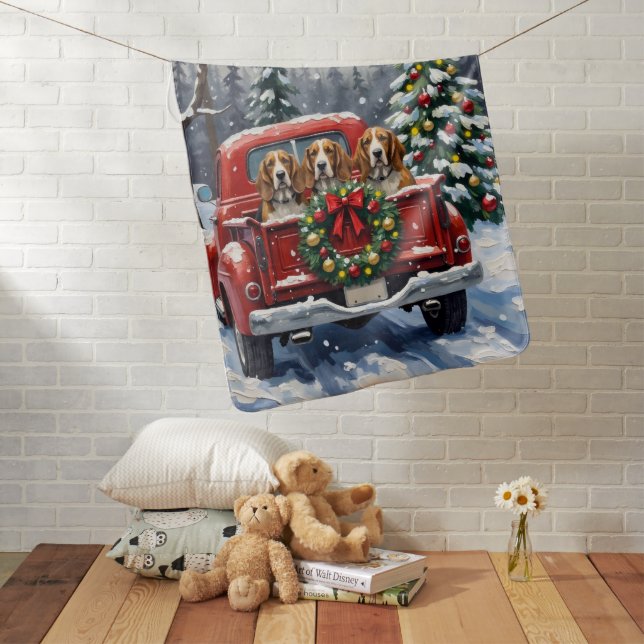 Basset Hound Christmas Red Truck Holiday Baby Blanket (In Situ)