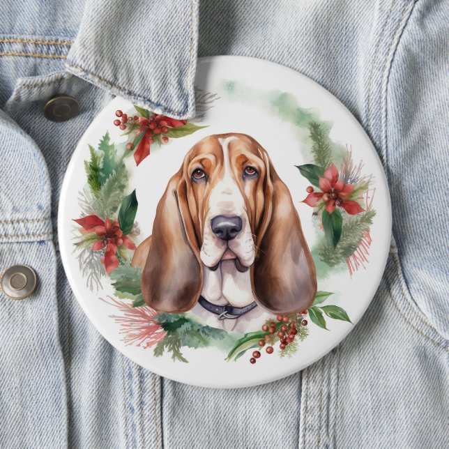 Basset Hound Christmas Wreath Festive Pup  Button (In Situ)