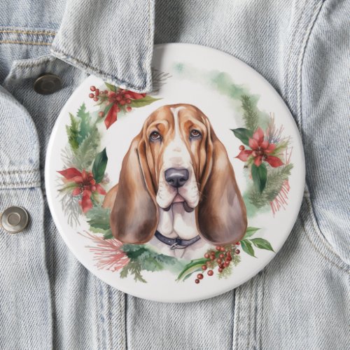 Basset Hound Christmas Wreath Festive Pup  Button