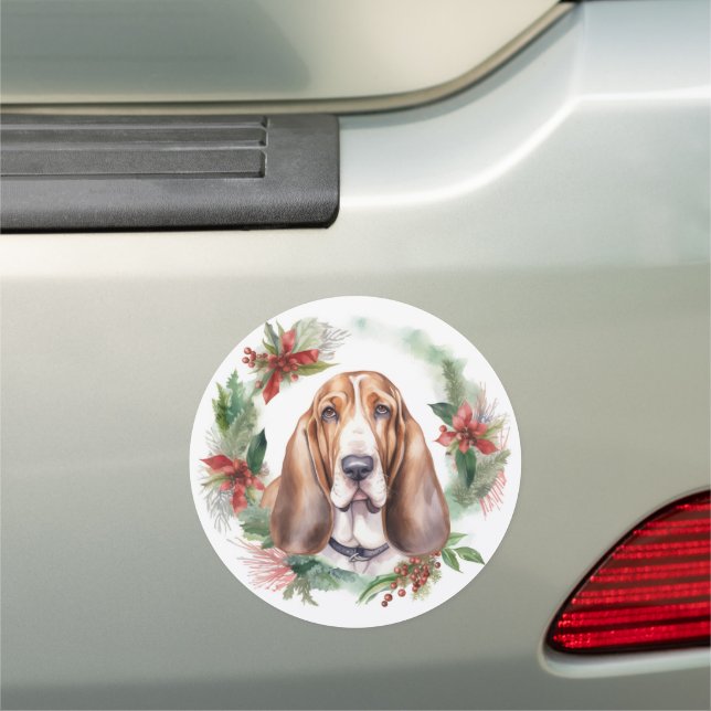 Basset Hound Christmas Wreath Festive Pup  Car Magnet (In Situ)