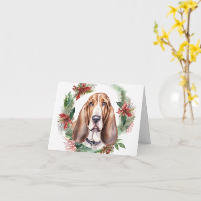 Basset Hound Christmas Wreath Festive Pup  Card (Yellow Flower)