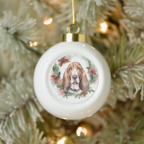 Basset Hound Christmas Wreath Festive Pup  Ceramic Ball Christmas Ornament