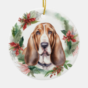 Basset Hound Christmas Wreath Festive Pup Ceramic Ornament