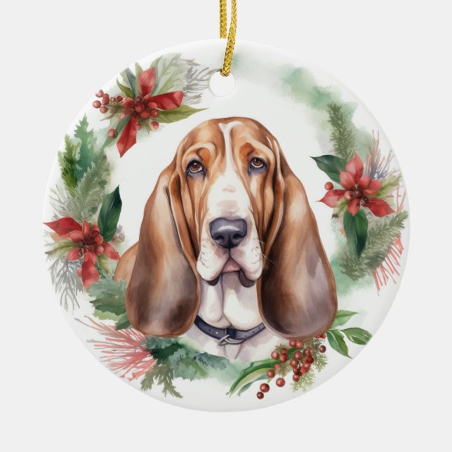 Basset Hound Christmas Wreath Festive Pup  Ceramic Ornament (Front)