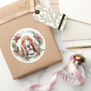 Basset Hound Christmas Wreath Festive Pup Classic Round Sticker