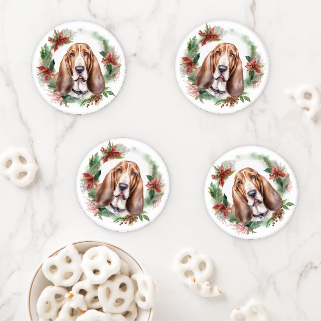 Basset Hound Christmas Wreath Festive Pup  Coaster Set (In Situ)