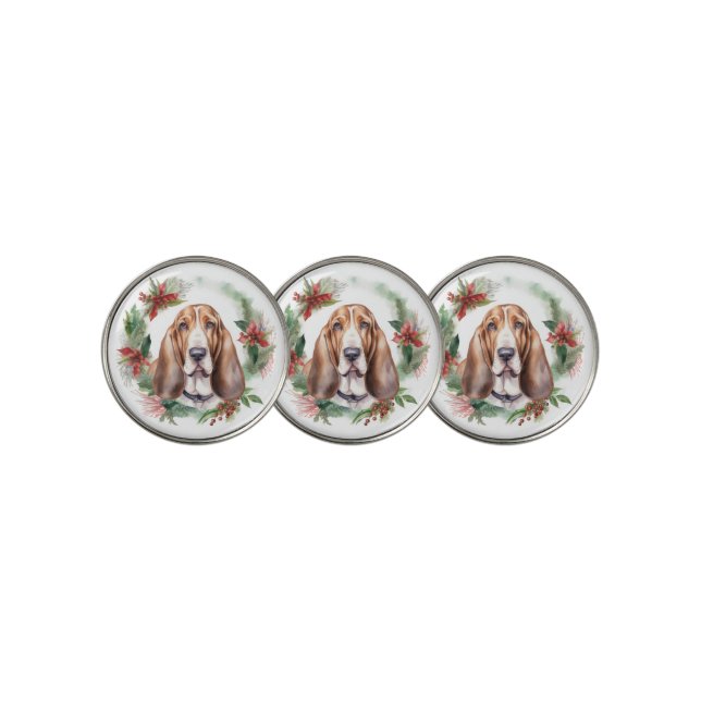 Basset Hound Christmas Wreath Festive Pup  Golf Ball Marker (3 Up)