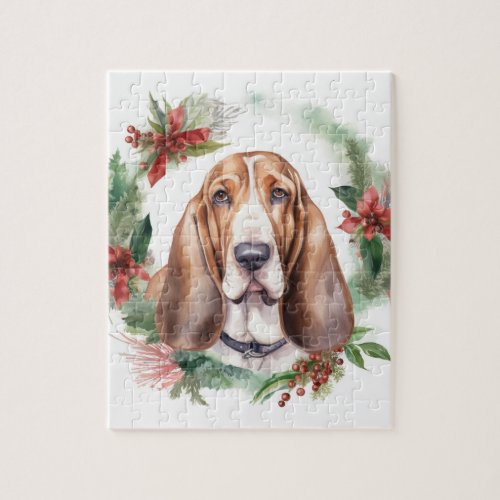 Basset Hound Christmas Wreath Festive Pup  Jigsaw Puzzle